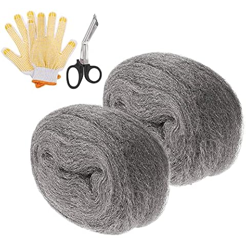 WENYA Steel Wire Wool Mice, 0000 Steel Coarse Wire Wool Gaps Blocker with Work Gloves and Scissors, Wire Wool Rodent Control DIY Fill Holes Fabric Kit (2 Pack x 3m) Cover