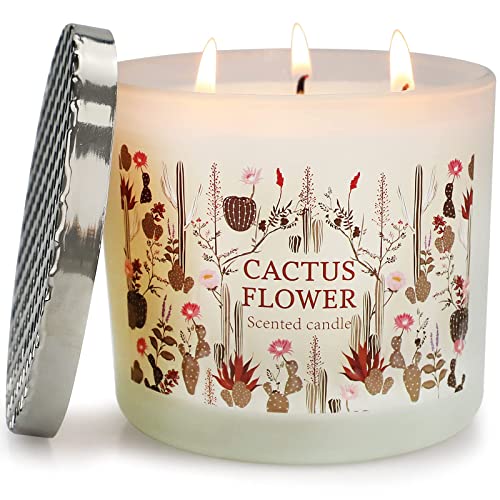 Large Jar Candles For Home Scented, Cactus Blossom & Wood, Highly Scented, Candles Gift For Women Relax, All Natural Soy Wax Aromatherapy Candle, 3 Wick Candles Gift Box,14.6Oz 75 Hours Burning Time #TOP13