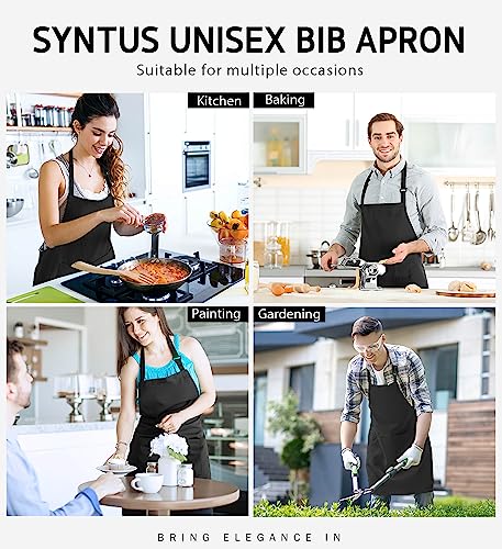 Image of Syntus 12 Pack Bib Apron, Unisex Aprons Adjustable 100% Cotton with 2 Pockets Cooking Kitchen Aprons for Women Men Chef, BBQ Drawing Apron Bulk, Black