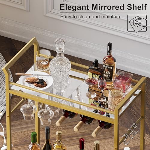 Image of 3 Tier Bar Cart, Small Beverage Cart, Mini Bar Cart with Wine Rack, Home Bar Serving Cart with Wheels for Dining Living Room (Gold, Mirrored) GBC106GU
