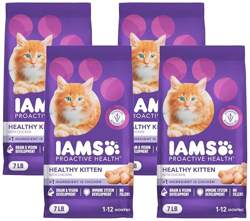 Image of IAMS Proactive Health Kitten Dry Cat Food, Healthy Kitten Food Dry Recipe with Real Chicken in Every Bite, 7 lb. Bag (Pack of 4)