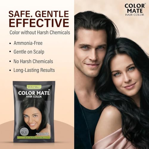 Image of Color Mate Natural Henna Hair Color Powder Black | No Ammonia Hair Colour | Long Lasting Natural Color | Soft, Smooth & Shiny Hair | 8 Minute Application | 10g | Pack of 10