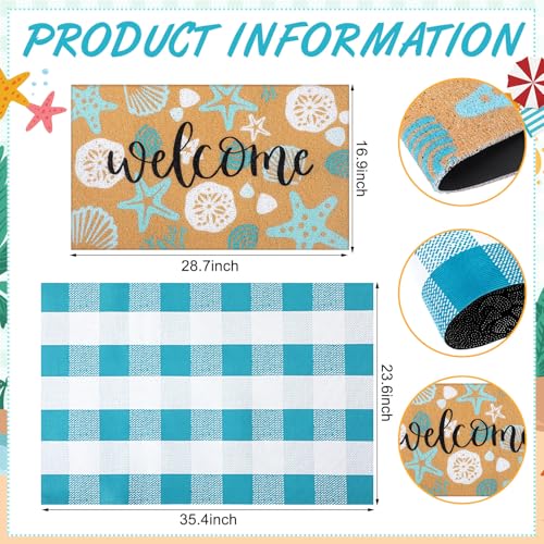 Tinideya 2 Pcs Summer Door Mat Coastal Beach Welcome Non Slip Coir Mats Sea Style Starfish Seashells Ocean Buffalo Plaid Floor Layering Doormats Seasonal for Front Porch Entryway Decor(Summer Beach) - Image 3