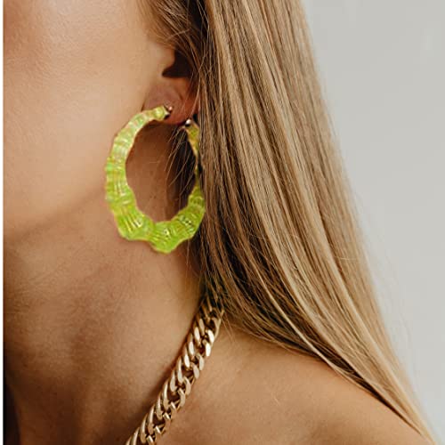 Hot 80S 90S Bamboo Hoop Earrings For Women, Acrylic Bamboo Earrings Fashion Earrings Jewelry Gift Pink Green Blue Tone 2 Inch Hoops (Green) #TOP2