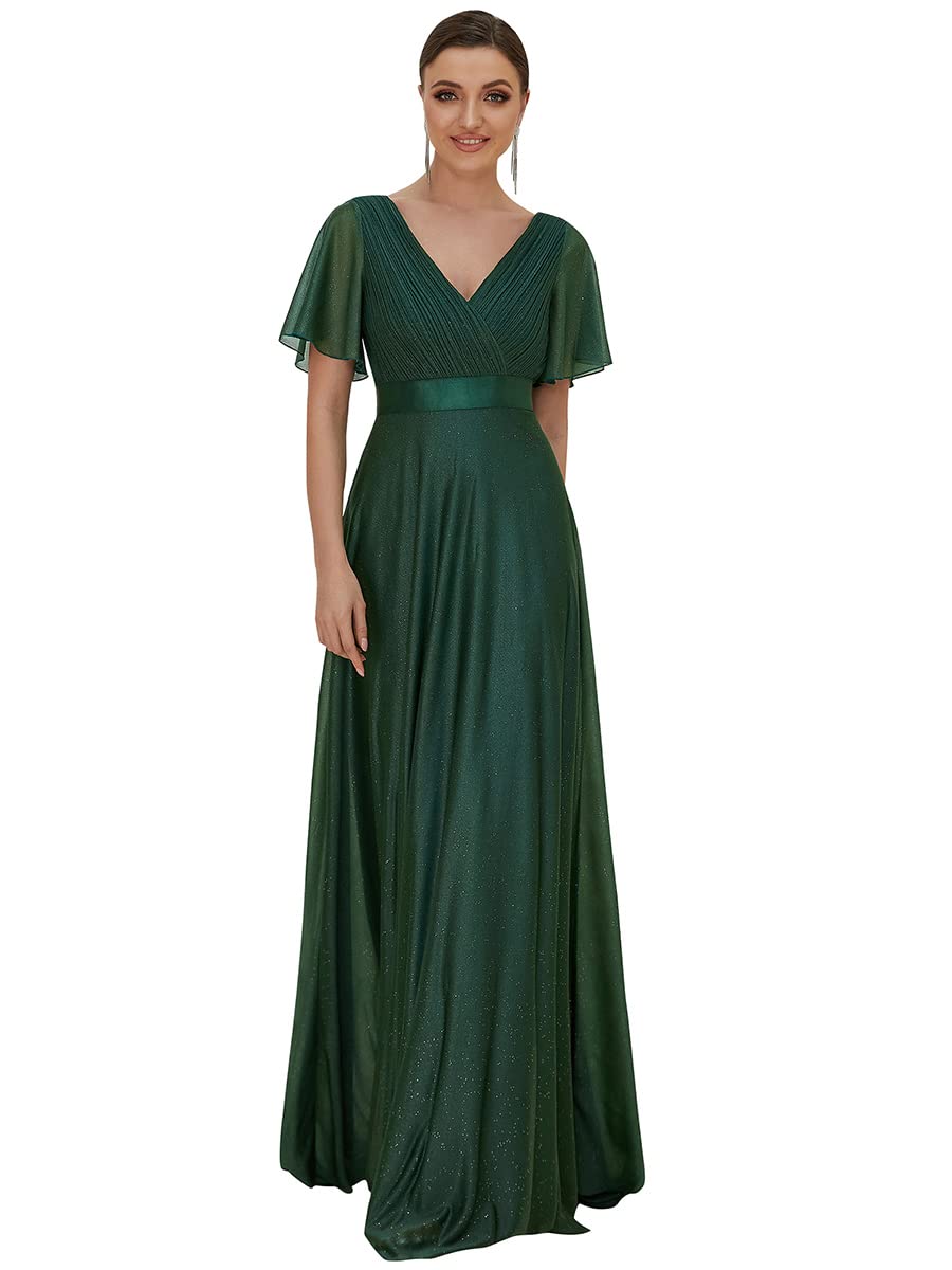 Ever-Pretty Vestido de Fiesta A-línea Largo para Mujer Escote en V Manga Corta Plisado con Lentejuelas EE50159