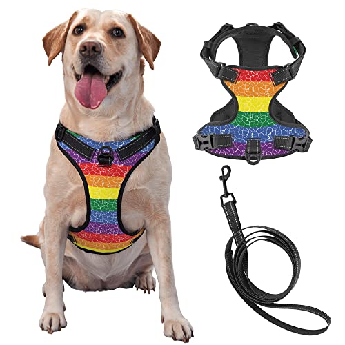LGBT Gay Pride Dog Harness for All Dogs No Pull Adjustable Pet Harness Reflective Step-in Puppy Harness and Leash Set Escape-Proof Dog Vest for Large Pet Girl/Boy Walking Running Hiking