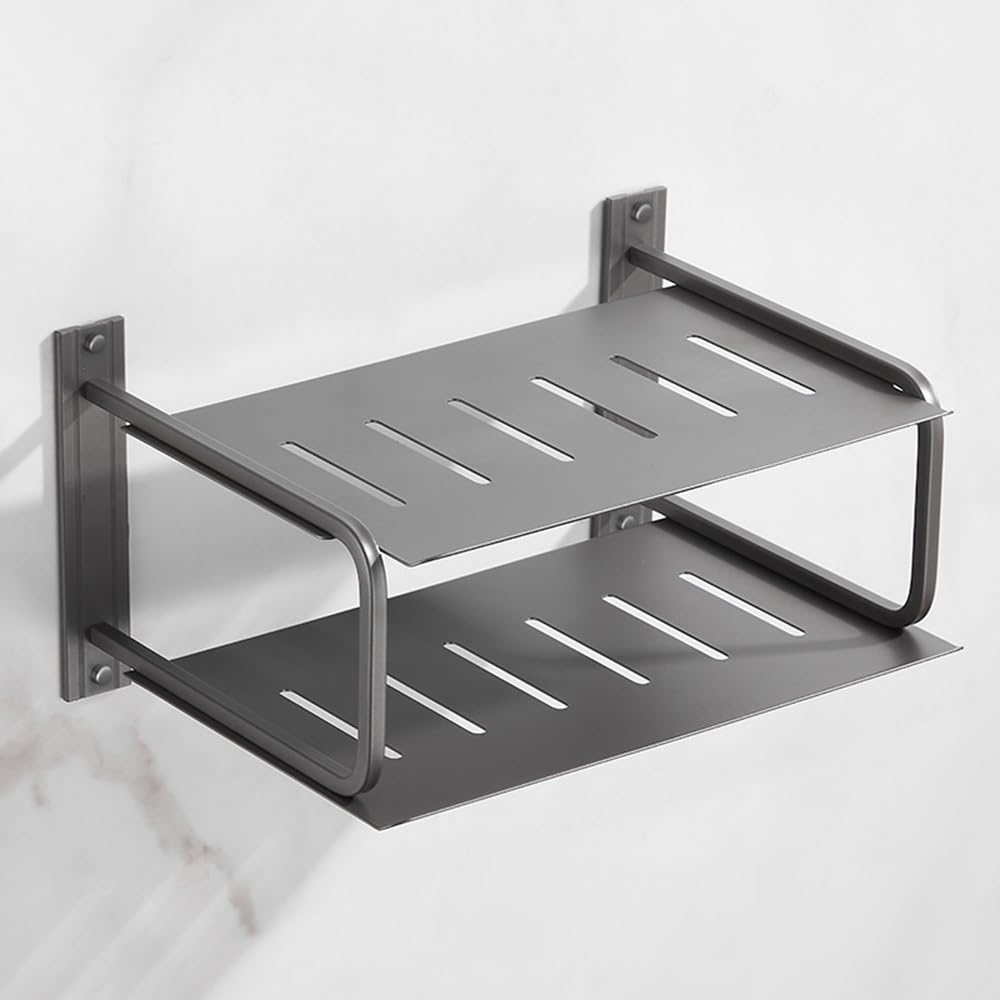 Mensola in Metallo per Router WiFi, proiettore e decoder Via Cavo, Supporto da Parete per TV, Console di Gioco, Lettore Dvd, Design a 2 Livelli (Grigio Canna di Fucile, 3