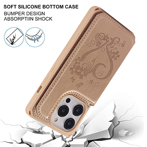 Image of Cavor for iPhone 14 Pro Case with Card Holder,for iPhone 14 Pro Wallet Case for Women Men,Phone Case for iPhone 14 pro with Stand Credit Card Holder, Leather Strap Shockproof Cover- Golden