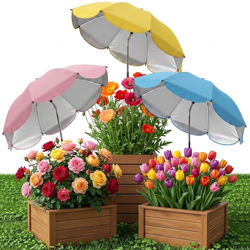 KPAPD Plant Umbrellas for Outdoor Plants 3 Pack Upgraded Large Garden Umbrella for Potted Plants Shade with Adjustable Height 360 Adjustable Direction and Thickened Support Pole Waterproof Sun Shade for Garden Potted Plants(Pink Blue Yellow)