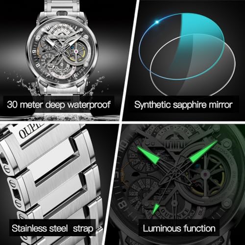 Image of OLEVS Silver Watches for Men Automatic Skeleton Mechanical Self Winding Luxury Dress Mens Watch Stainless Steel Waterproof Luminous Wirstwatch Gift for Male