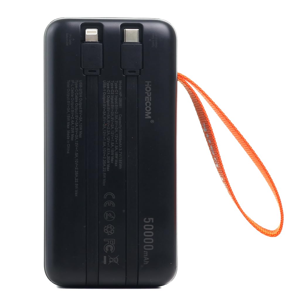 Power Bank de 50000mAh con Carga rápida, batería Externa de Gran Capacidad con Cable USB‑C Integrado y Pantalla LED 6 Salidas, Linterna, batería portátil para Camping