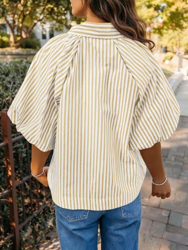 Image of Tankaneo Womens Short Puff Sleeve Button Down Shirts Striped Trendy Casual Loose Fit Blouse V Neck Collared Tops