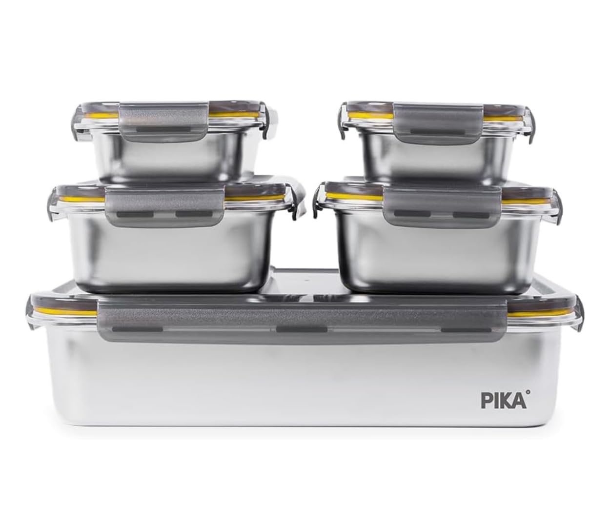 Pika | Lot de 5 boites alimentaires en inox |1x 5000ml + 2x 1300ml + 2x 650ml | Spécial Batch cooking | Compatible au micro-​ondes, four, congélateur | Rangement facile