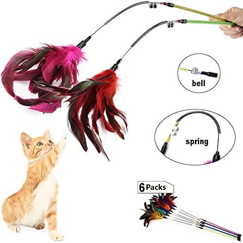 GingerUPer Cat Toy Feather Cat Toy Feather Wand Cat Pet Toy Wire Chaser Wand Teaser Feather With Bell,Cat Toys for Indoor Cats Kitten Interactive Training (6 Pack)