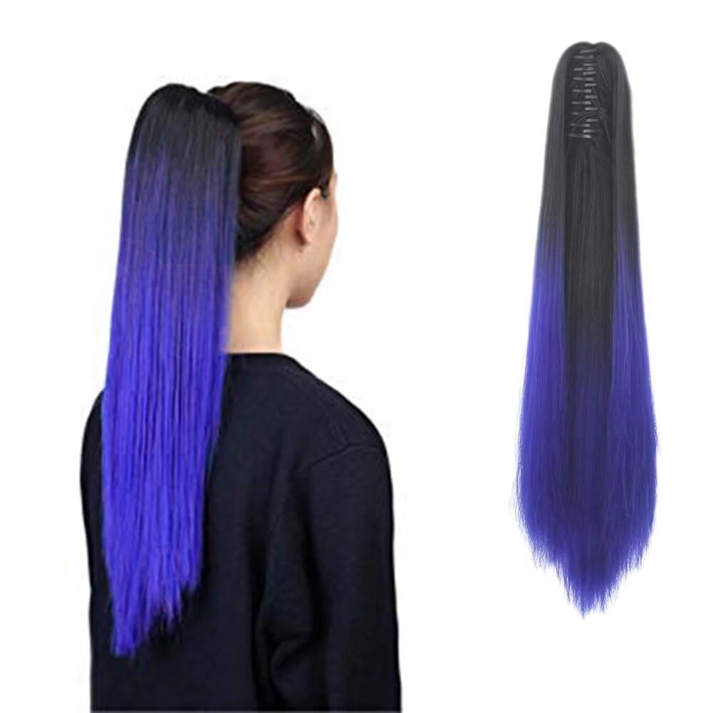 LaLuLoLi Women Synthetic Hairpiece Two Tone Long Straight Claw on in Ponytail Pony Tail Hair Extension Extensions for Party Cosply 130g/24"/60cm (1B# Natural Black to 61C# Blue)