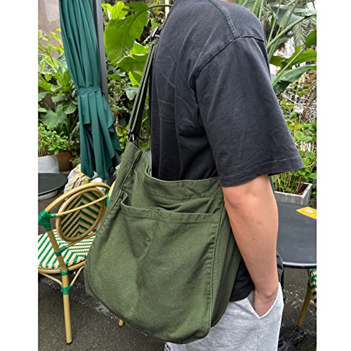Image of Canvas Hobo Crossbody Shoulder Tote Bag for Women and Men W /Multi-pocket Casual Purse Messenger Bags Travel Work