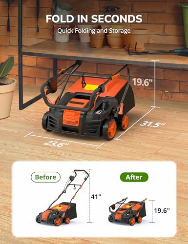 Image of Aspiron 16 inch Artificial Turf Sweeper 15Amp Artificial Turf Vacuum Apricot | 2000W Grass Sweeper Yard Power Brush with 55L Removable Leaf Collection Bag, Quick-Fold, Keeps Clear Sweepy Box
