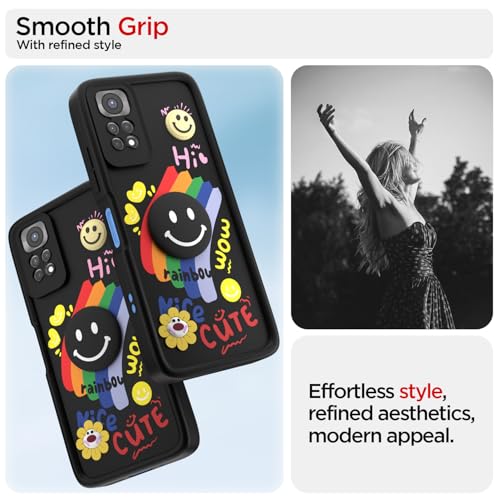 Image of Pikkme Back Cover for Redmi Note 11 / Note 11s | Soft Silicone| Cute Rainbow Smile & 3D Cartoon Flower Design | Shockproof Raised Camera Protection Bumper Case (Black)