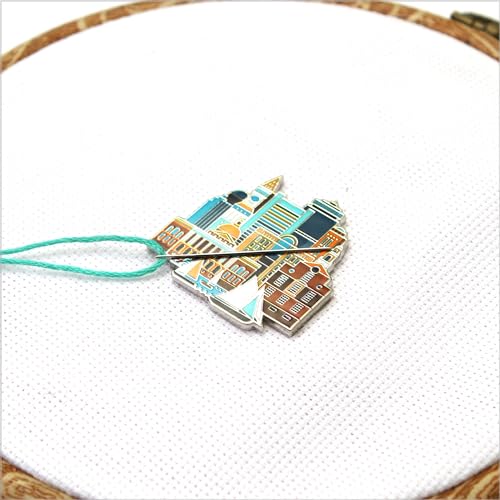 Image of Awesome Pattern Studio Needle Minder Set - Boston Magnetic Needle Minder + 2 Needle Threaders + Crane Scissors. Enamel Pin for Cross Stitch, Embroidery and Craft