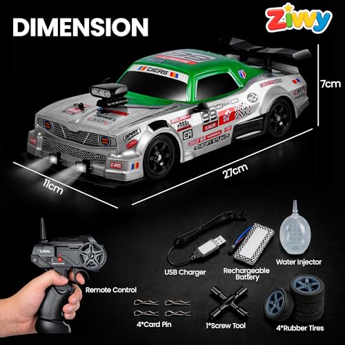 Image of Big Remote Control Car - Green | 2.4G Drift Racing Car with 100 Meter Range, Smoke Effect, LED Lights & Music | Rechargeable RC Car Toy | Best Gift for Boys & Girls 2 3 4 5 6 7 8+ Years