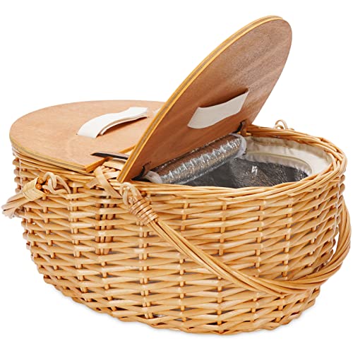 Cooler Picnic Basket With Blanket, Wooden Split Lid Picnic Basket, Vintage-Style Wicker Picnic Hamper With Folding Woven Handle For Picnic, Camping #TOP7