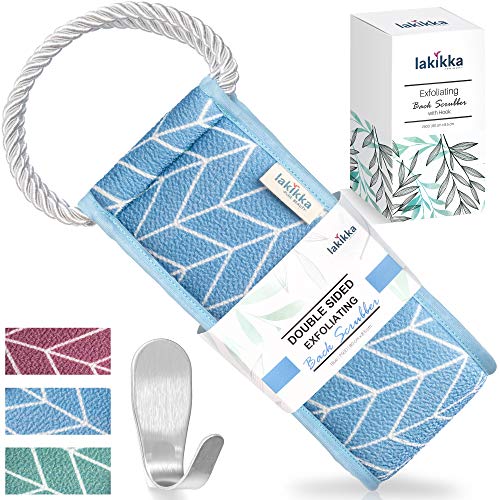 LAKIKKA Exfoliating Back Scrubber for Shower - Body Scrubber for Men & Women - Natural Plant Fiber, Back Washer - Deep Cleaner & Improve Skin Condition - with Stainless Steel Hook (90cm/35.5", Blue)