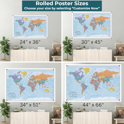 Image of Blue Oceans World Travel Map Poster with Pins - Personalized Canvas Wall Art - Large 24 inch x 36 inch