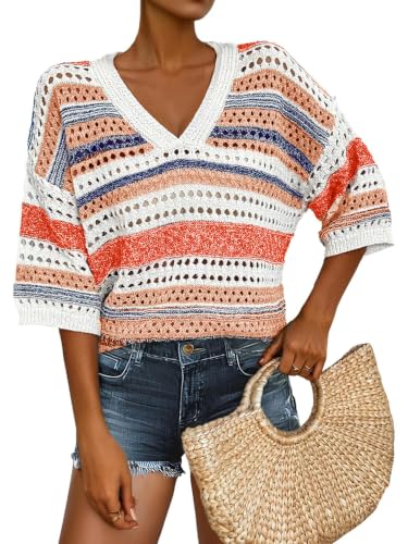 Image of Saodimallsu Womens Short Sleeve Sweaters V Neck Crochet Knit Striped Hollow Out Tops Beach Cruise Outfits