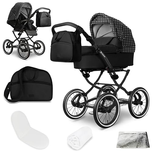 Bergsteiger Venedig Nostalgie Kombikinderwagen 2-in-1 ohne Babyschale – Babywanne & Sportsitz, Luftreifen, Federung, höhenverstellbarer Griff, faltbar, Zubehör