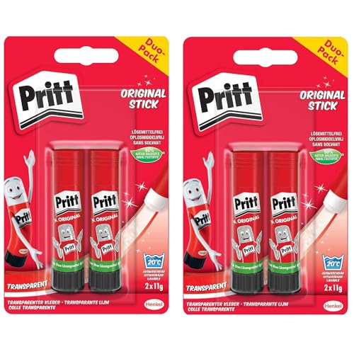 Henkel Colla Stick Pritt 4 x 11 g, Colla sicura e Adatta ai Bambini per Arti e Mestieri, Adesivo Forte per Uso Scolastico e d'ufficio