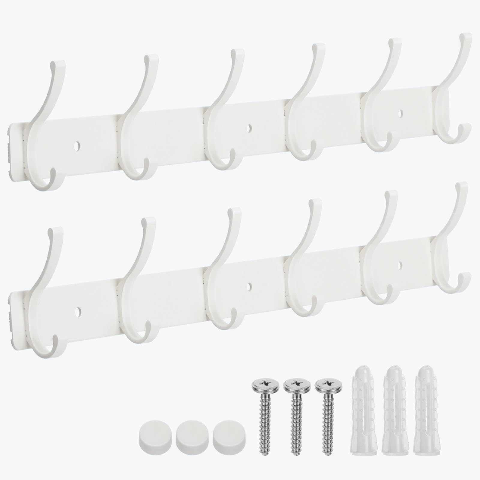 Dntorx 2 Pack White Wall Mounted Coat Hooks Rack with 6 Hooks, Coat Hook Rail with Screws, Heavy Duty Metal Coat Hanger Organizer for Hallway Bedroom Bathroom, Drill Fixing Only (No Adhesive)
