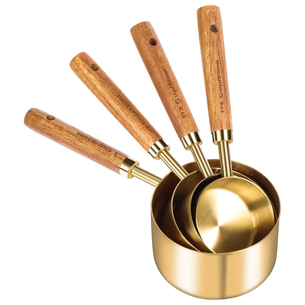 CTRLZS Measuring Cups and Spoons Set of 8, Wood Handle with Metric and US Measurements,Stainless Steel, for Cooking and Baking