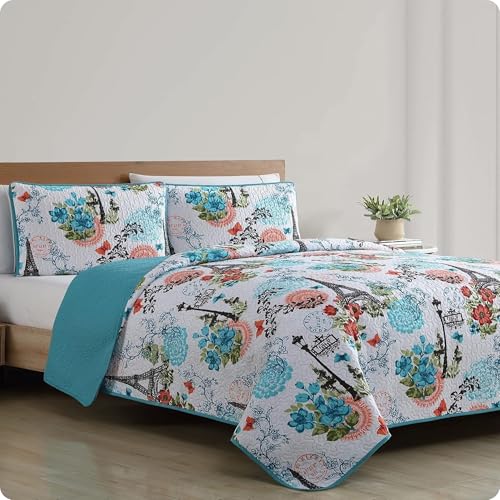 VCNY Home 3-Piece Queen/Full Size Quilt Set | Soft Quilt & Matching Pillow Shams | Fade & Wrinkle-Resistant | Mid-Weight, Year Round Comfort | Cozy Bedroom Decor | Soft Breathable | Eiffel Tower Decor