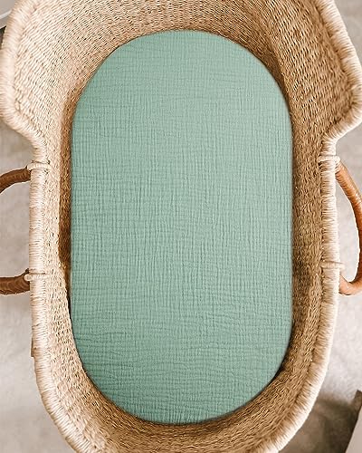 Image of Bassinet Sheet for Baby Boy and Girl, Fitted Sheets for Rectangle, Oval, Hourglass Bassinet Mattress, Muslin Moses Basket Sheets with Neutral Style (Sage)