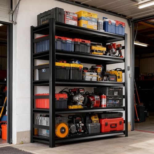 Image of Metal Garage Shelving Unit, Heavy Duty 5-Tier Adjustable Storage shelves, Steel Shelving, 3000 lbs Capacity, Industrial Shelves for Heavy Tools and Equipment, Ideal for Garage, Basement, Black, 72 inch