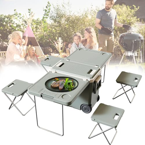 Nevera aislada sobre ruedas, enfriador portátil de 32 litros con mesa plegable y silla para acampar y picnics, conservación y refrigeración multifunción