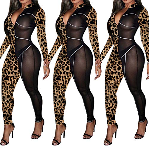 Uni Clau Women Deep V Neck Bodycon Jumpsuit - See Through Leopard Printed Jumpsuit Patchwork Sheer Mesh Printed Clubwear Jumpsuit Rompers Leopard Black L #TOP1