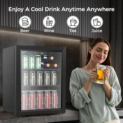 Image of COWSAR Mini Fridge Cooler, 16 Bottle 68 Can Beverage Refrigerator with Glass Door for Wine Beer Soda, Wine Fridge with Touch Control Panel, Wire Shelving for Home Office Bar, 1.7 Cu. Ft
