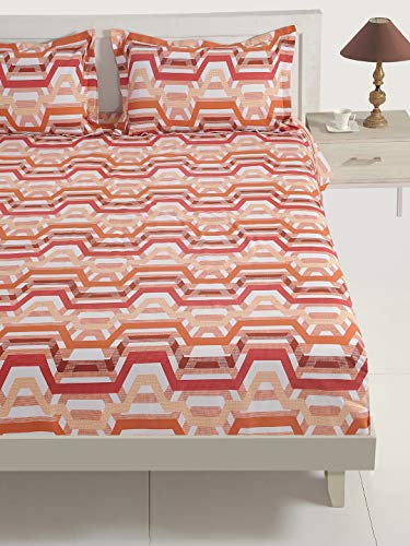 Image of Swayam Roto Cotton Single Bedsheet with 1 Pillow Cover | Size 60 x 90 inch | 144 TC | Geometric Design | Soft Breathable Bed Sheet | Comfortable & Durable for Bedroom - Beige & Brown
