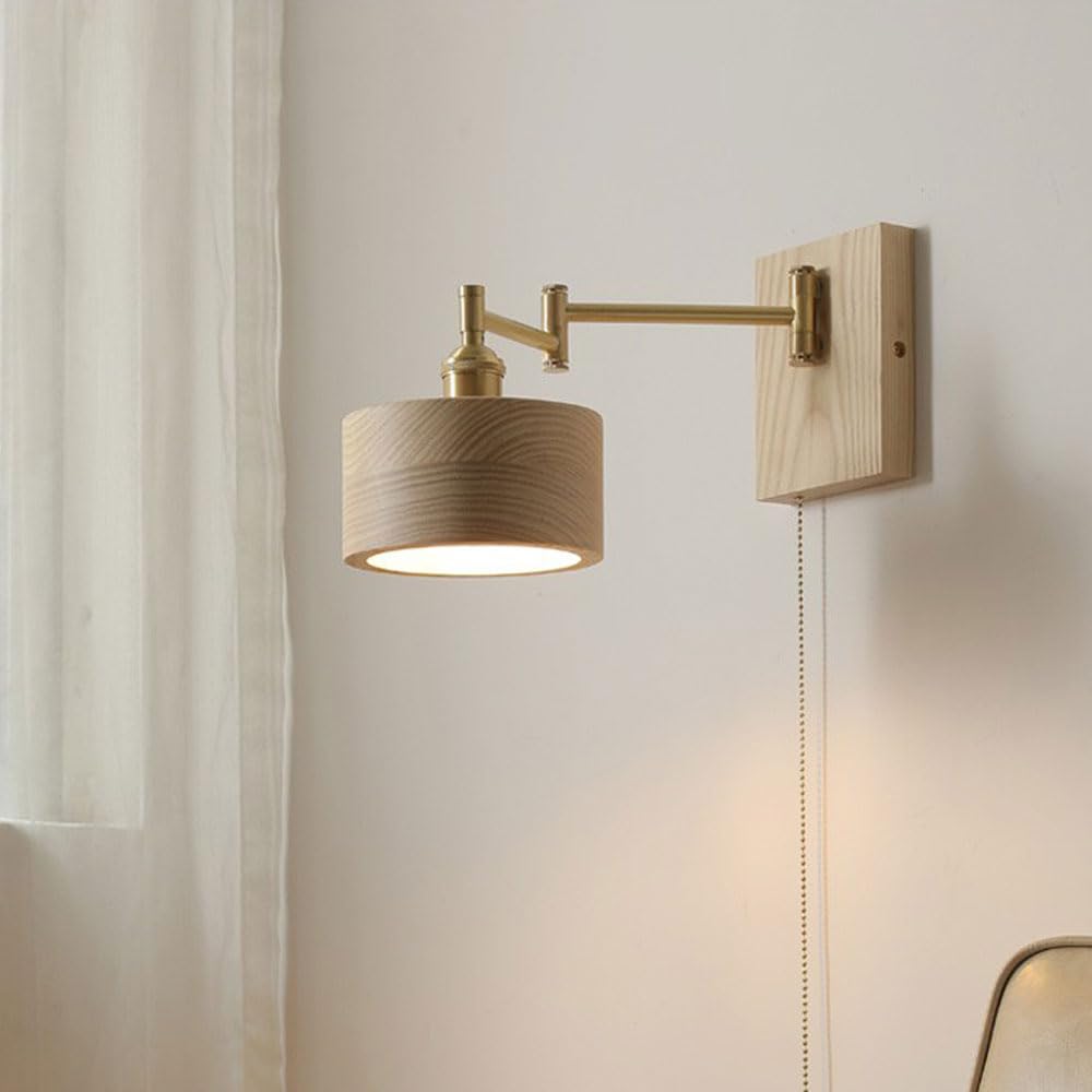 HPTHLY Adjustable Swing Arm Wall Sconce Wooden Bedside Reading Wall Light With Pull Cswitch, Wabi Sabi Wall Lamp Foldable Brass Wall Lighting Fixture Flexibl