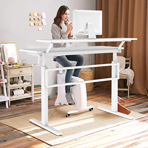 Tangkula Standing Desk, 2-Tier Height Adjustable Sit To Standing Desk, Computer Desk Workstation With Monitor Stand & Foldable Crank Handle, Ergonomic Home Office Desk (White) #TOP1