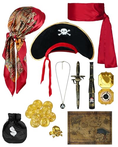 DANGCOS 10 Pcs Halloween Pirate Accessories Set,Pirate Costume Accessories for Kids with Hat,Eye Patch,Sword,Telescope Role Play Captain