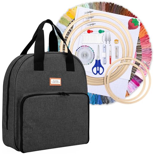 CURMIO Embroidery Project Carrying Case, Cross Stitch Supplies Storage Bag with Starter Kits, Embroidery Kit for Beginners, Black