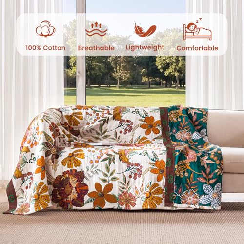 Image of MSGKV Fall Throw Blanket 60 inchx80 inch 100% Cotton Woven Muslin for Couch & Bed