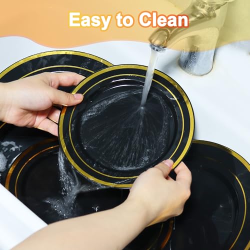 ROCOHANTI 100 PCS Black and Gold Plastic Plates, Disposable Party Black Plates Include 50 Dinner Plate and 50 Dessert Plate Perfect for Holiday, Birthday, Graduation, Wedding & Party by ROCOHANTI - Image 9