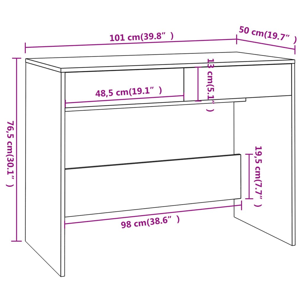 Scrivania in rovere Sonoma, 101 x 50 x 76,5 cm, con 2 cassetti, scrivania per computer e gaming, per ufficio, studio e home office, con spazio di archiviazione e robusto piano del tavolo