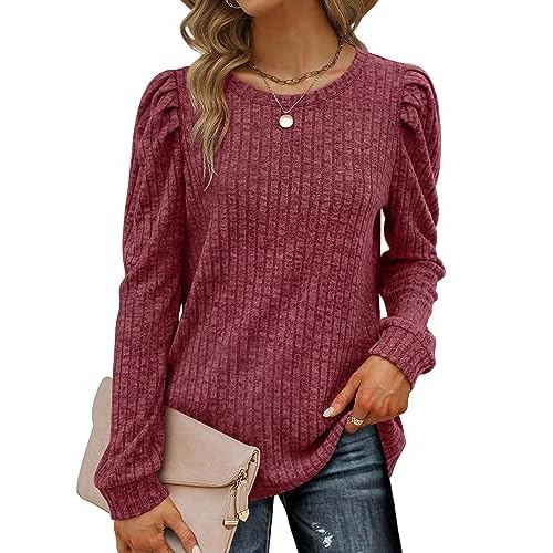Geifa Sweaters for Women Lightweight Crewneck Puff Sleeve Tunic Tops Loose Fit Fashion 2023