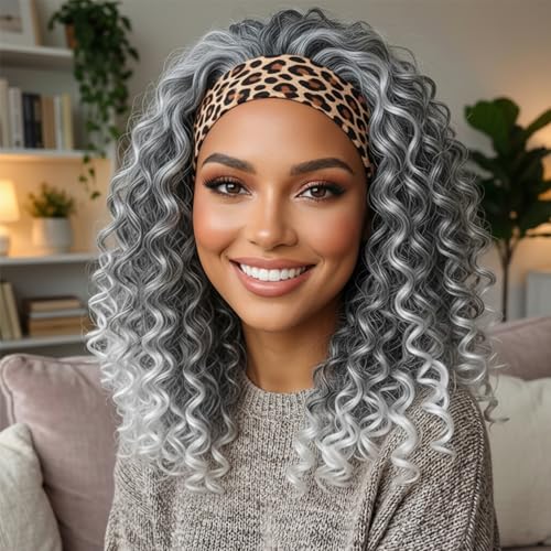 Matthia Kinky Curly Silver Grey Headband Wigs for Black Women 12inch Ash Color Deep Curly Short Bob Headband Wig Synthetic Salt and Pepper Wigs for Black Women