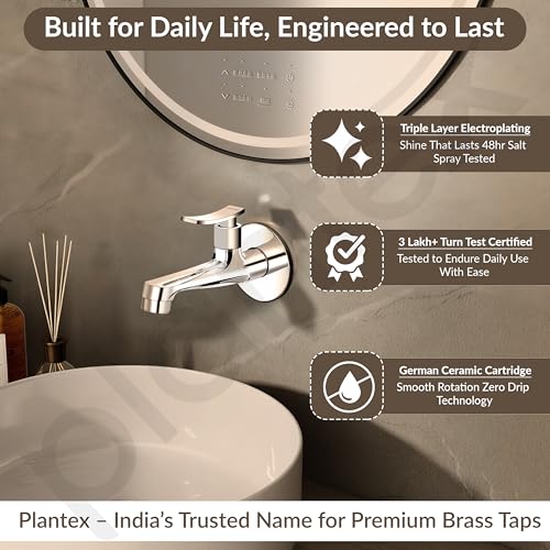 Image of Plantex Long Body Bib Cock Water Tap for Bathroom /Wall Mount Tap for Wash Basin with Teflon Tape & Wall Flange - Pack of 1 (Star, Chrome)