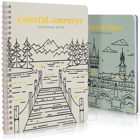 Beautiful Adult Coloring Book Set of 2 for Relaxation - Inspirational Adventures and Landmarks Scenery for The Spirit of Wanderlust - Perfect Stress-Relieving Gift for Women (Journeys & Cities, 2) Cover